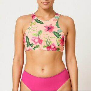Tori Praver Sz S Seafoam Swimwear Pink Floral Halter Bikini Top High Neck Smock